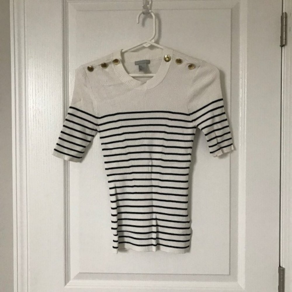 Fitted Ivory & Black Striped Sweater with Gold Buttons by H & M